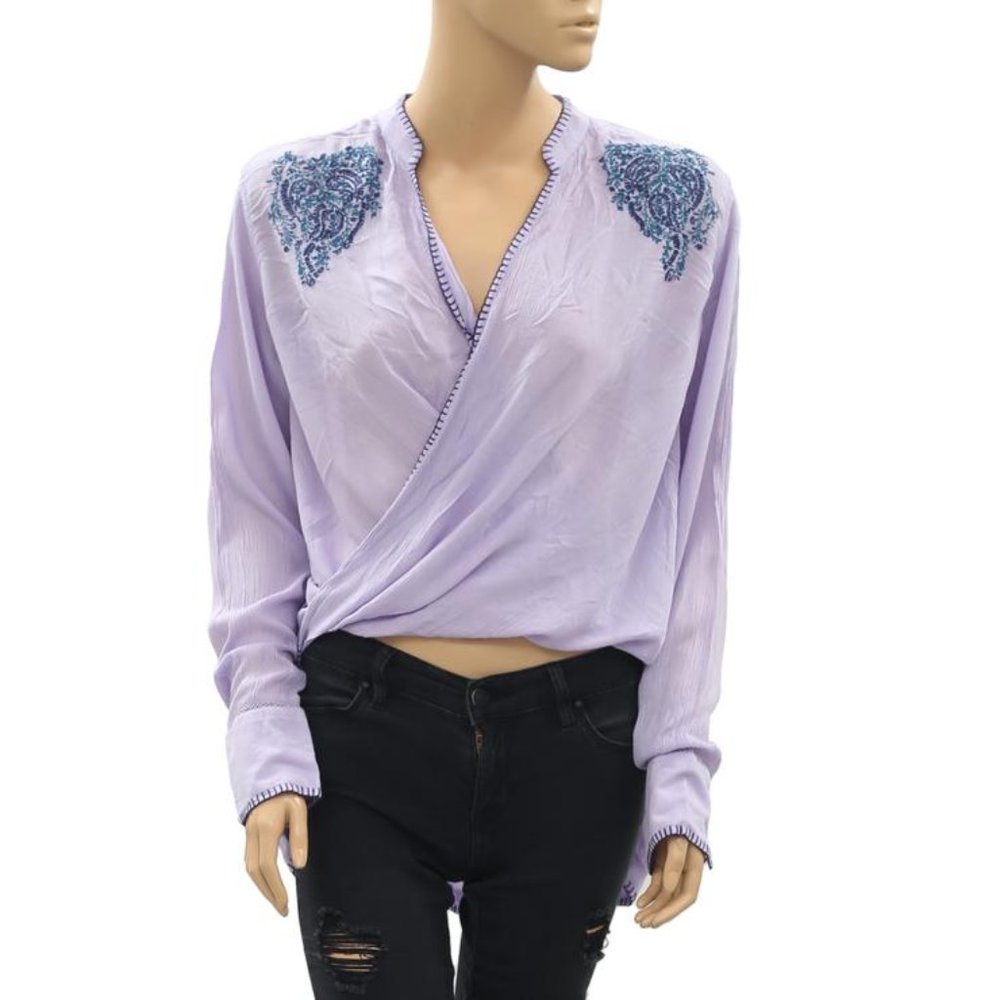 Jachs Girlfriend Purple Embroidered Wrap Blouse